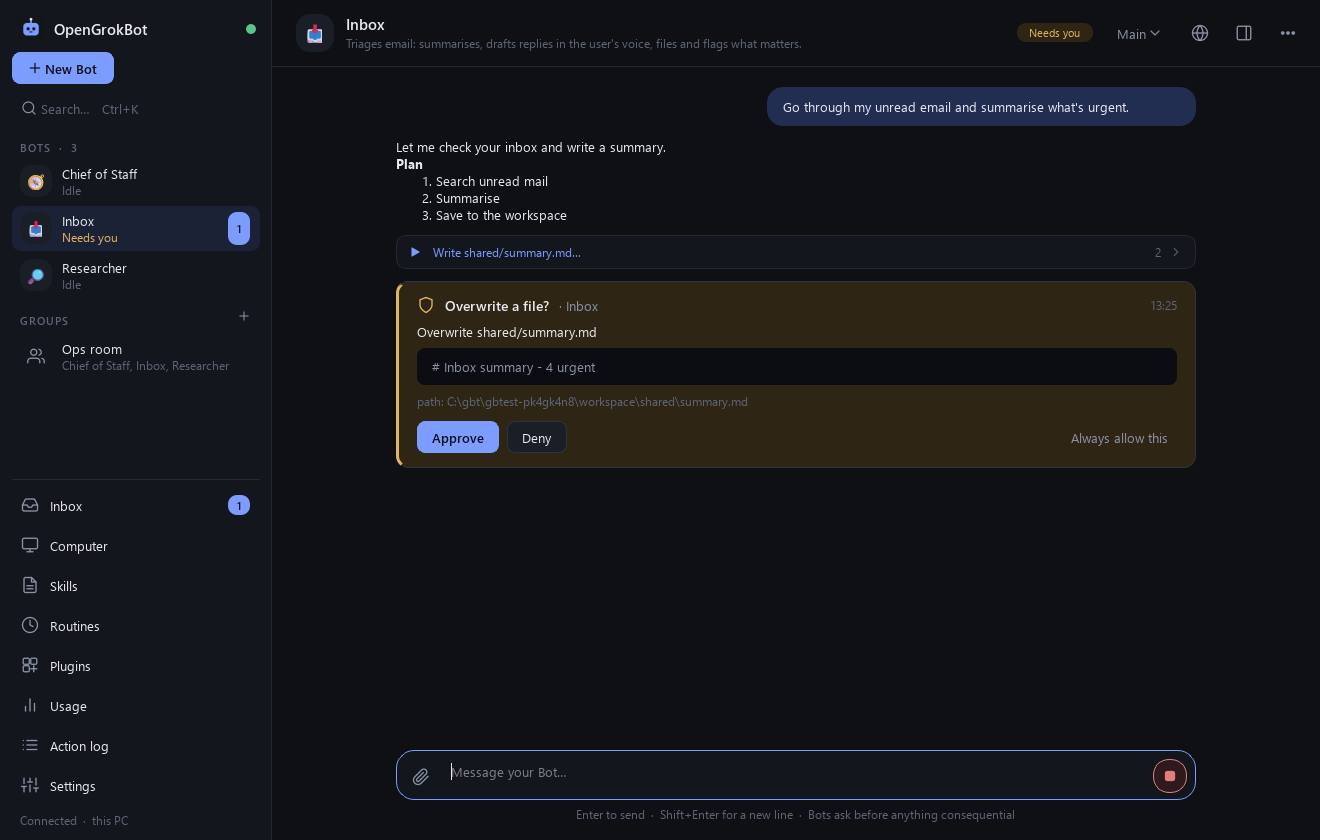 OpenGrokBot: the Inbox Bot asks for approval before overwriting a file